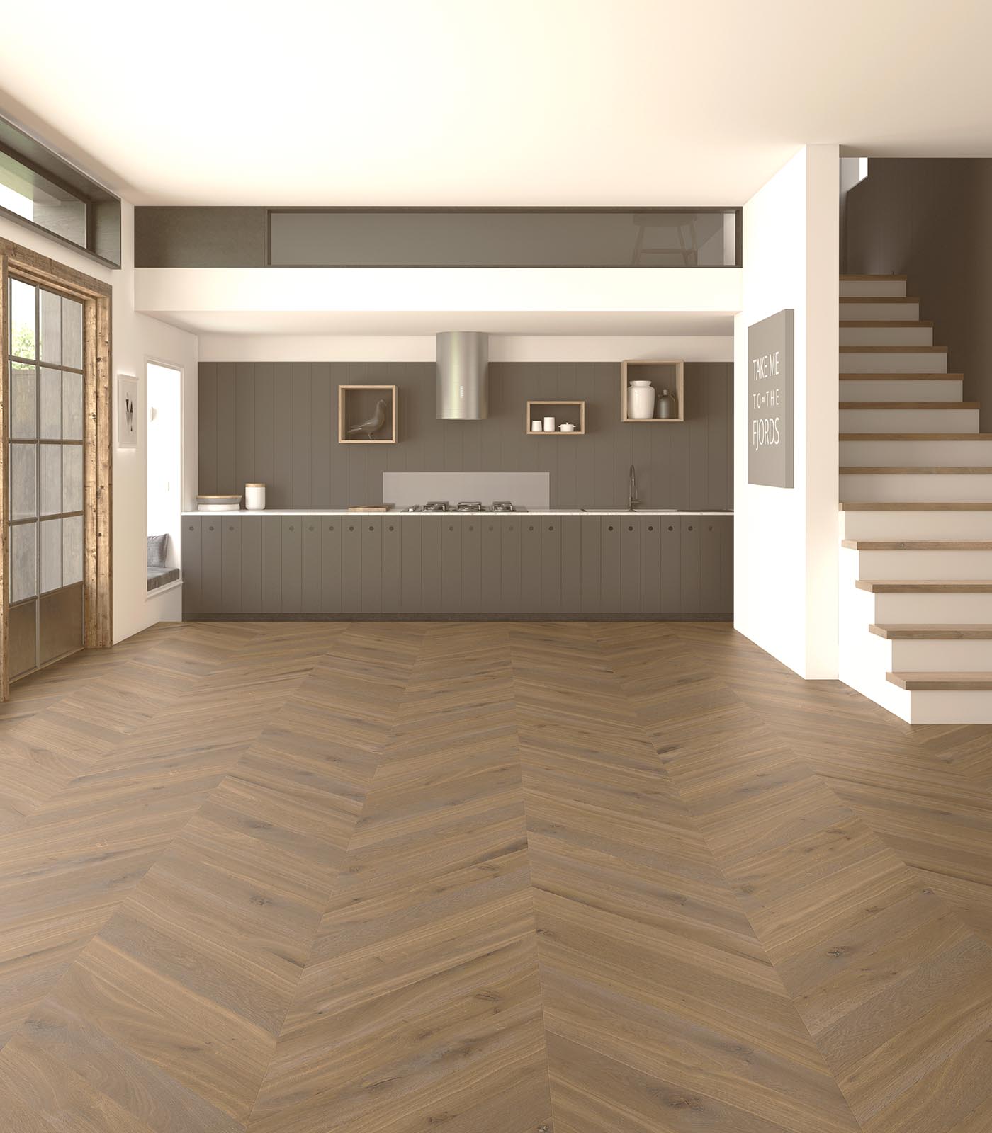 Chevron Biarritz warm grey wide plank hardwood — room view