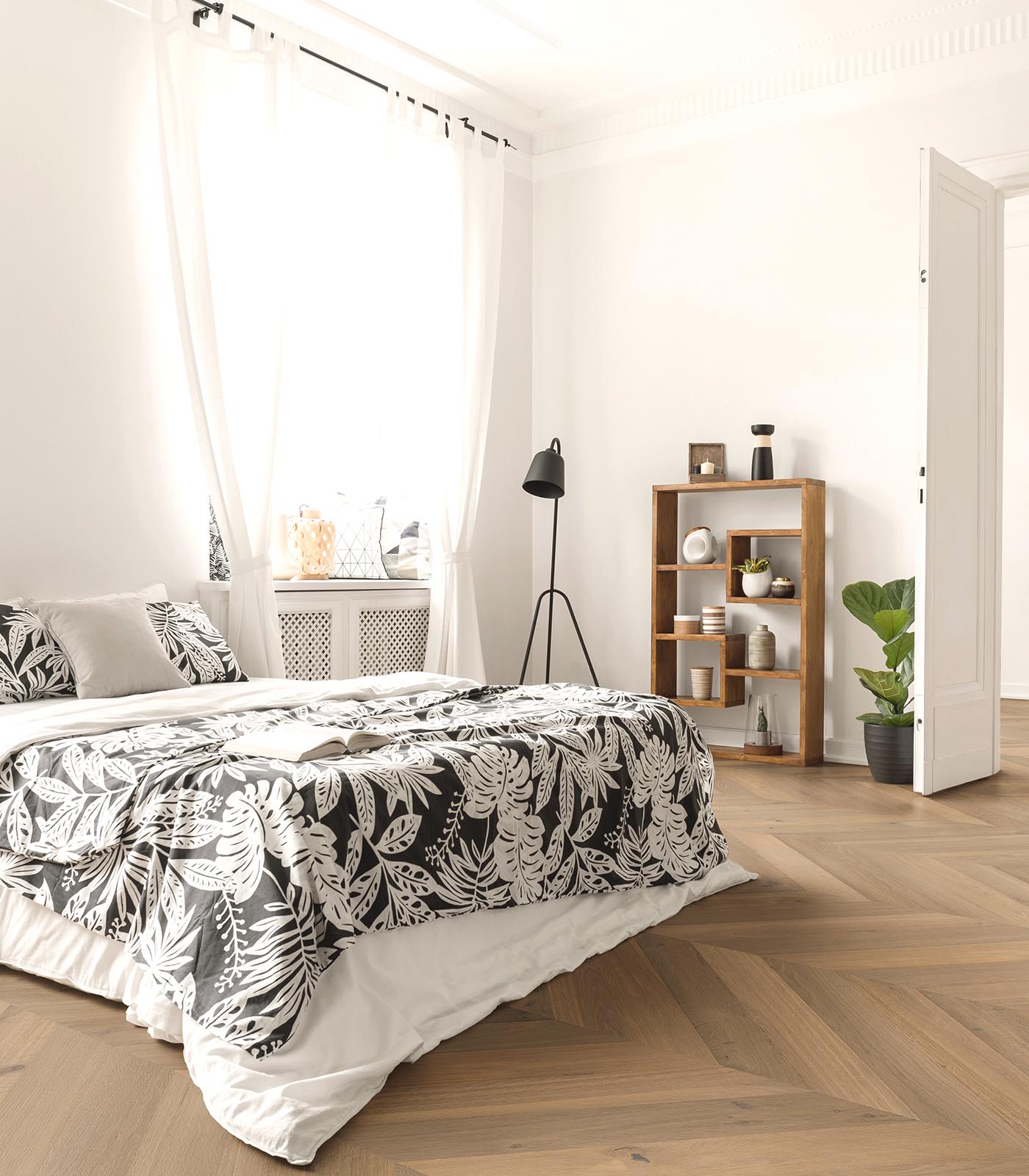 Chevron Majorca light brown wide plank hardwood — room view