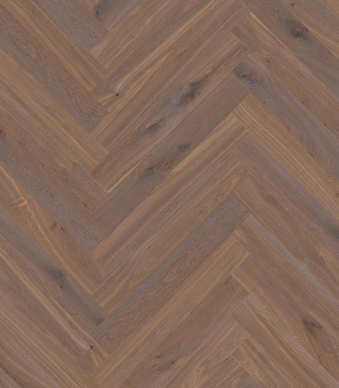 Herringbone Biarritz warm grey wide plank hardwood — flat view