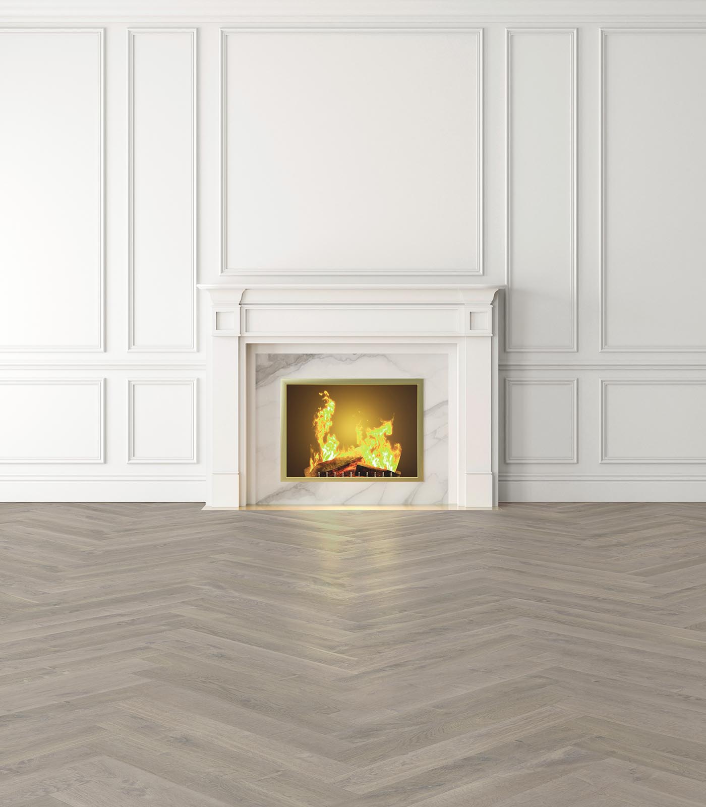 Herringbone Uluwatu cold grey wide plank hardwood — room view