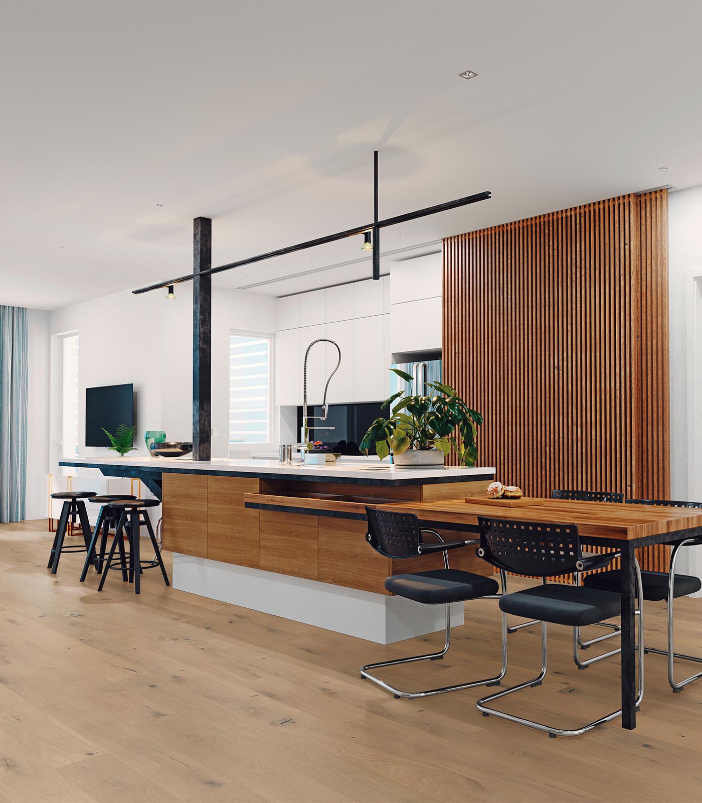 Herringbone Biarritz patterned hardwood floor in an elegant dining room