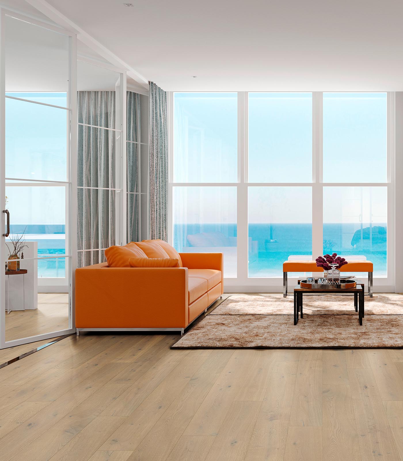 Nevis light brown wide plank hardwood — room view