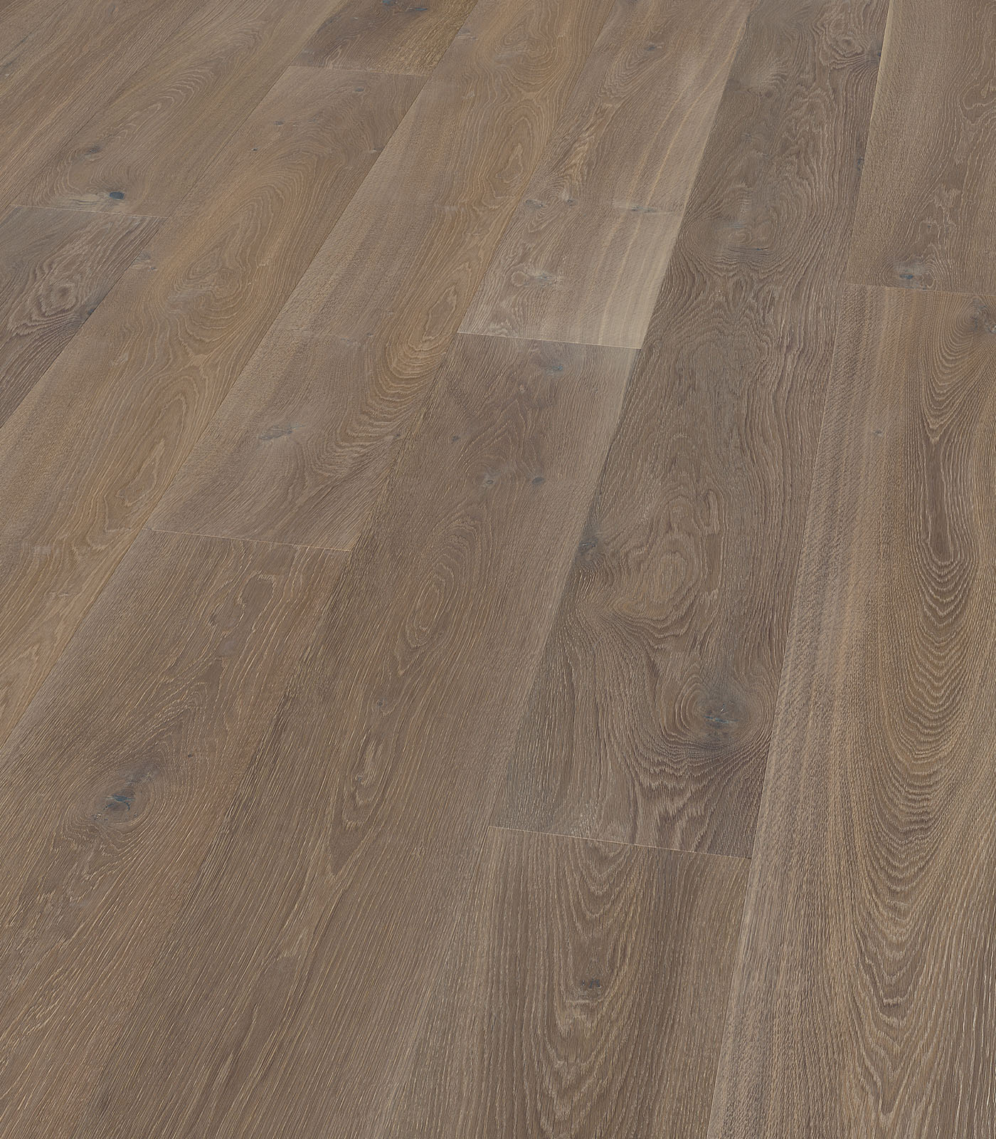 Formentera warm grey wide plank hardwood — angle view
